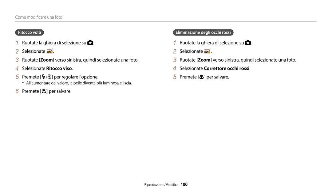 Samsung EC-WB2200BPBE1, EC-WB2200BPBFR Selezionate Correttore occhi rossi, Ritocco volti, Eliminazione degli occhi rossi 