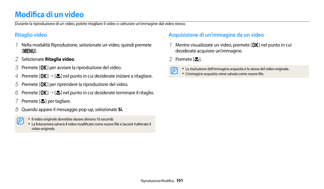 Samsung EC-WB2200BPBFR, EC-WB2200BPBTR manual Modifica di un video, Ritaglio video, Acquisizione di unimmagine da un video 