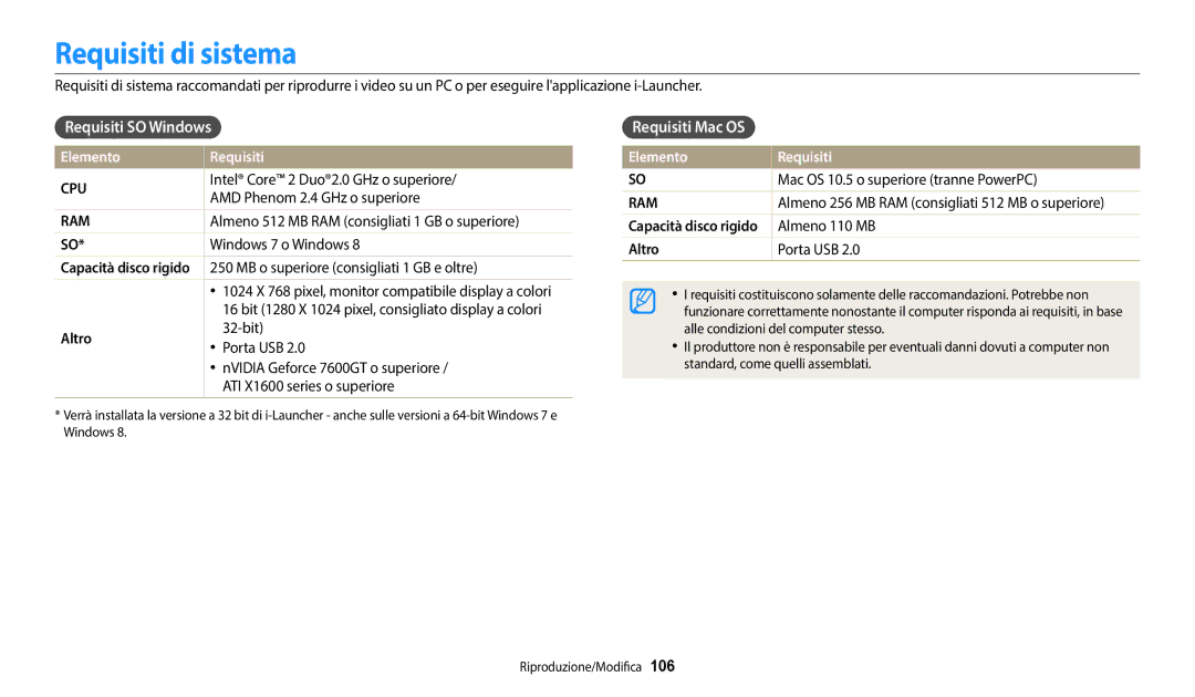 Samsung EC-WB2200BPBE1, EC-WB2200BPBFR Requisiti di sistema, Requisiti SO Windows, Requisiti Mac OS, Elemento Requisiti 