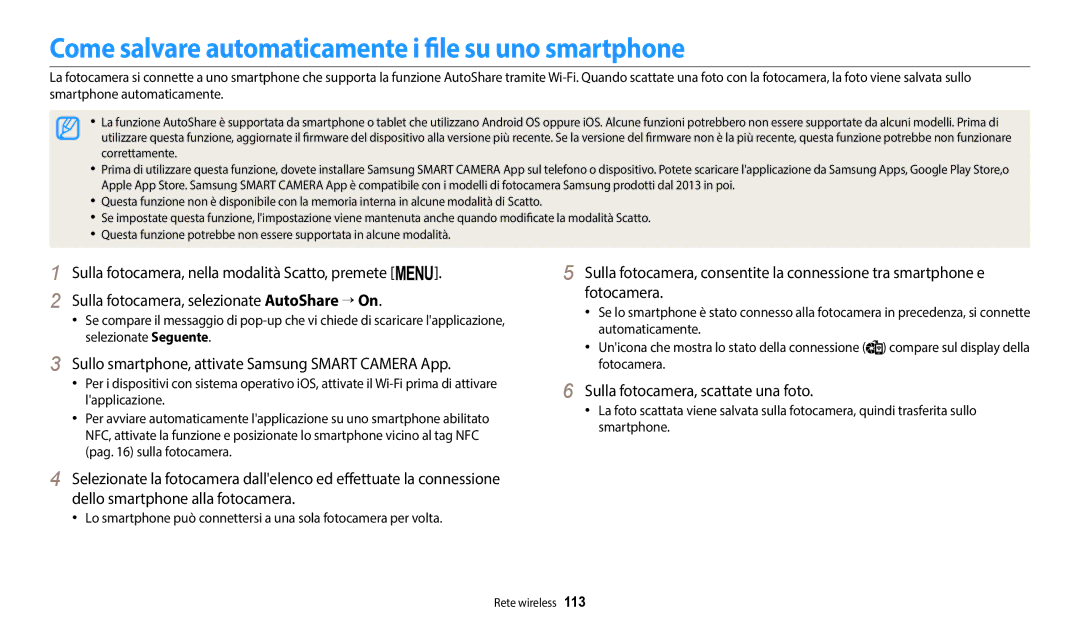 Samsung EC-WB2200BPBFR manual Come salvare automaticamente i file su uno smartphone, Sulla fotocamera, scattate una foto 