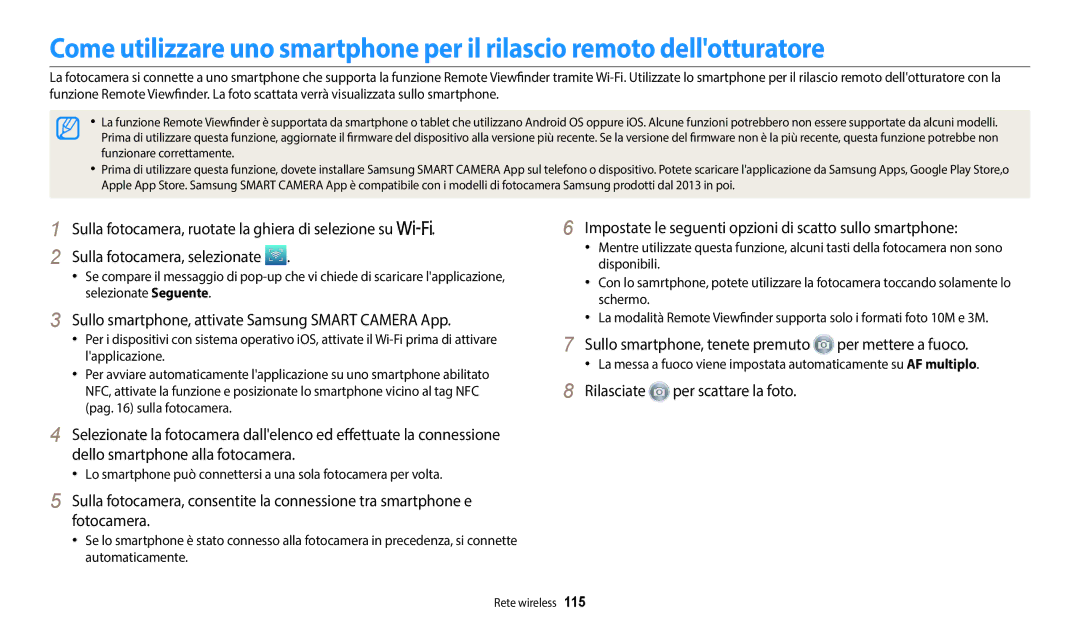 Samsung EC-WB2200BPBE1 manual Impostate le seguenti opzioni di scatto sullo smartphone, Rilasciate per scattare la foto 