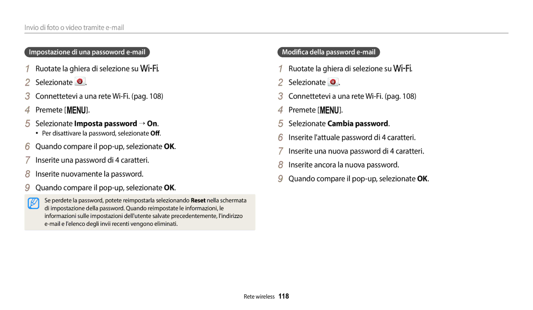 Samsung EC-WB2200BPBE1 Selezionate Imposta password → On, Selezionate Cambia password, Modifica della password e-mail 