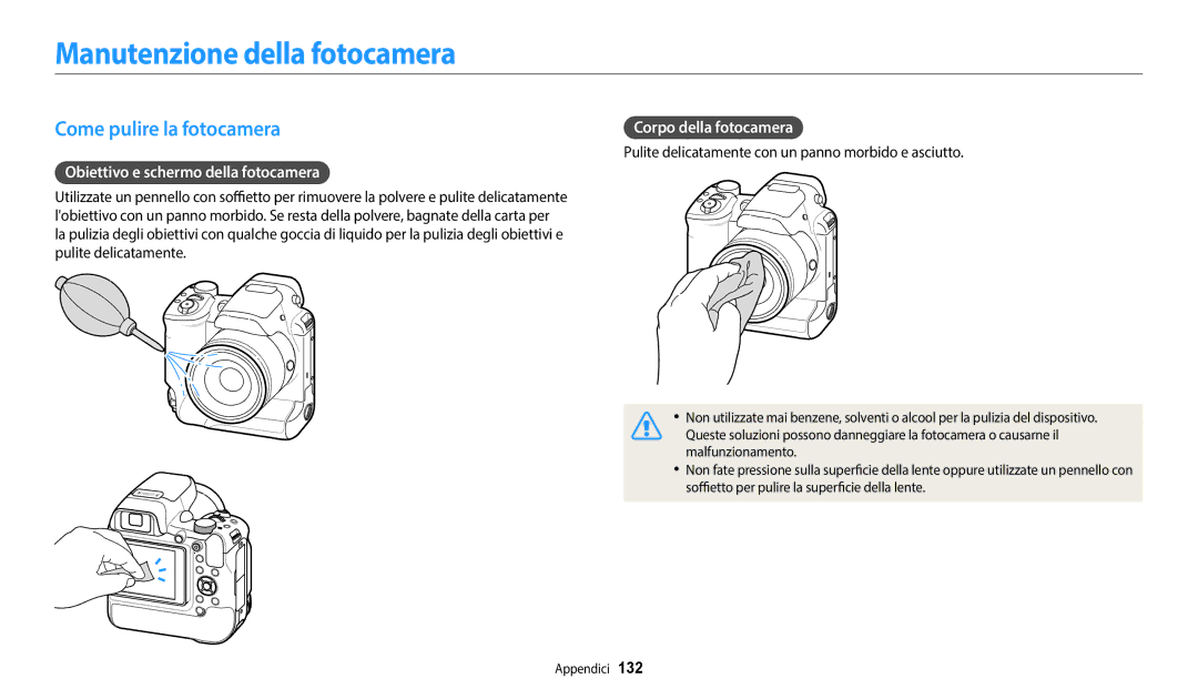 Samsung EC-WB2200BPBTR Manutenzione della fotocamera, Come pulire la fotocamera, Obiettivo e schermo della fotocamera 