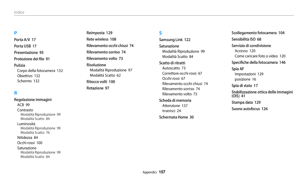Samsung EC-WB2200BPBE1 manual Corpo della fotocamera 132 Obiettivo Schermo, ACB Contrasto, Luminosità, Attenzione Inserisci 