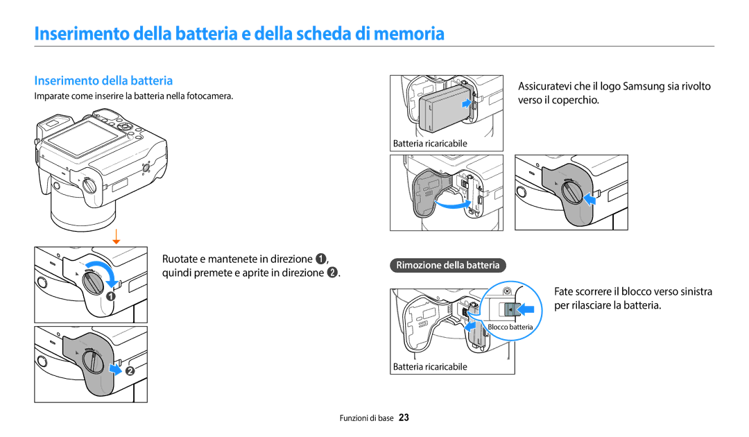 Samsung EC-WB2200BPBFR, EC-WB2200BPBTR manual Inserimento della batteria e della scheda di memoria, Rimozione della batteria 