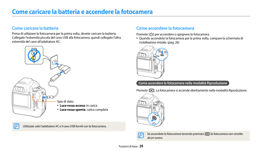 Samsung EC-WB2200BPBE1, EC-WB2200BPBFR, EC-WB2200BPBTR manual Come caricare la batteria e accendere la fotocamera 