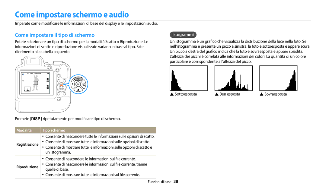 Samsung EC-WB2200BPBTR, EC-WB2200BPBFR manual Come impostare schermo e audio, Come impostare il tipo di schermo, Istogrammi 