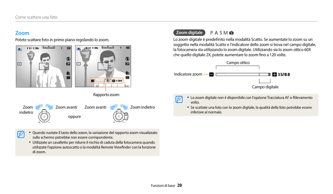 Samsung EC-WB2200BPBTR, EC-WB2200BPBFR manual Zoom digitale, Oppure, Campo ottico Indicatore zoom Campo digitale 