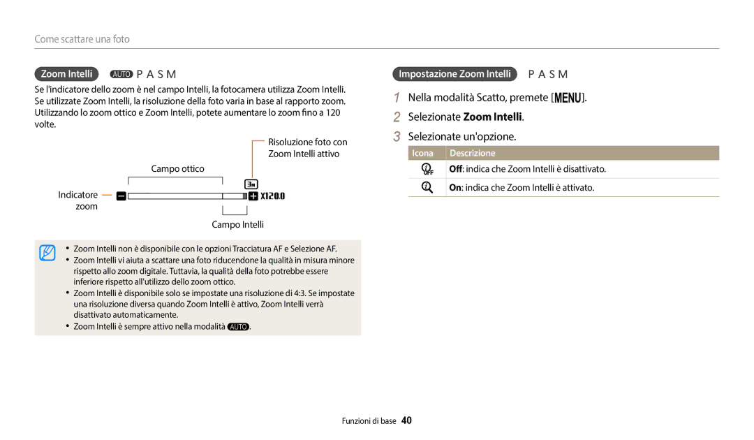 Samsung EC-WB2200BPBE1, EC-WB2200BPBFR manual Impostazione Zoom Intelli, Campo ottico Indicatore Zoom Campo Intelli 