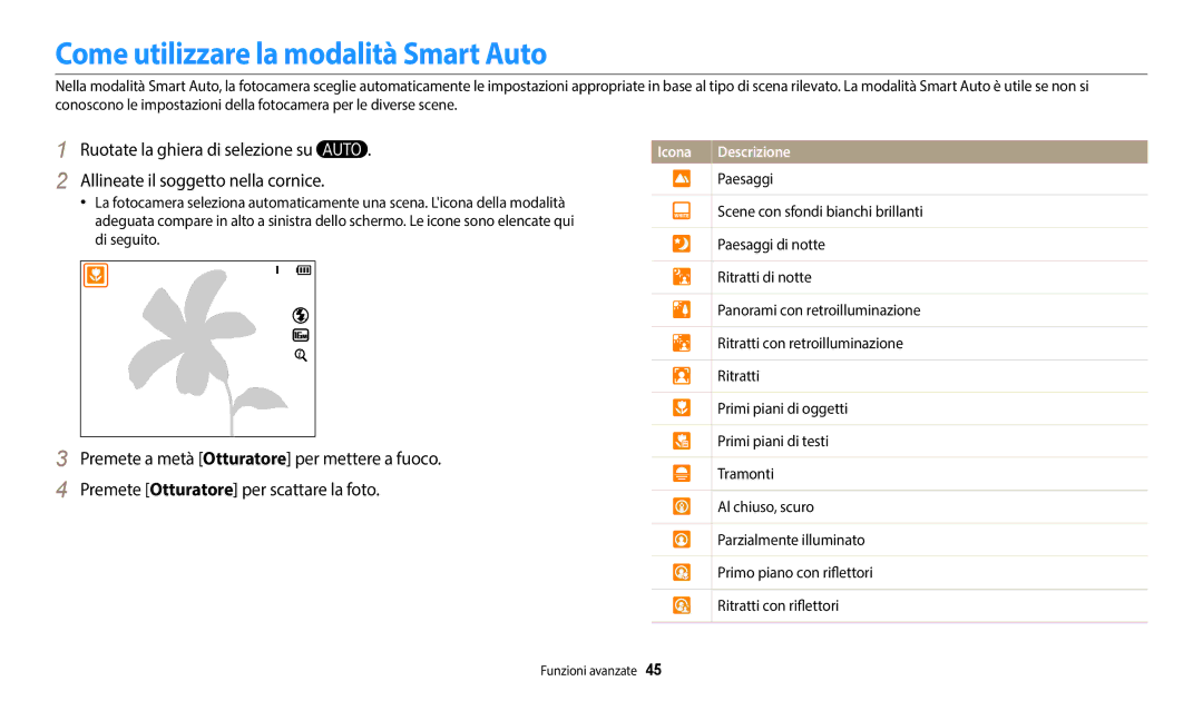 Samsung EC-WB2200BPBTR, EC-WB2200BPBFR, EC-WB2200BPBE1 manual Come utilizzare la modalità Smart Auto 