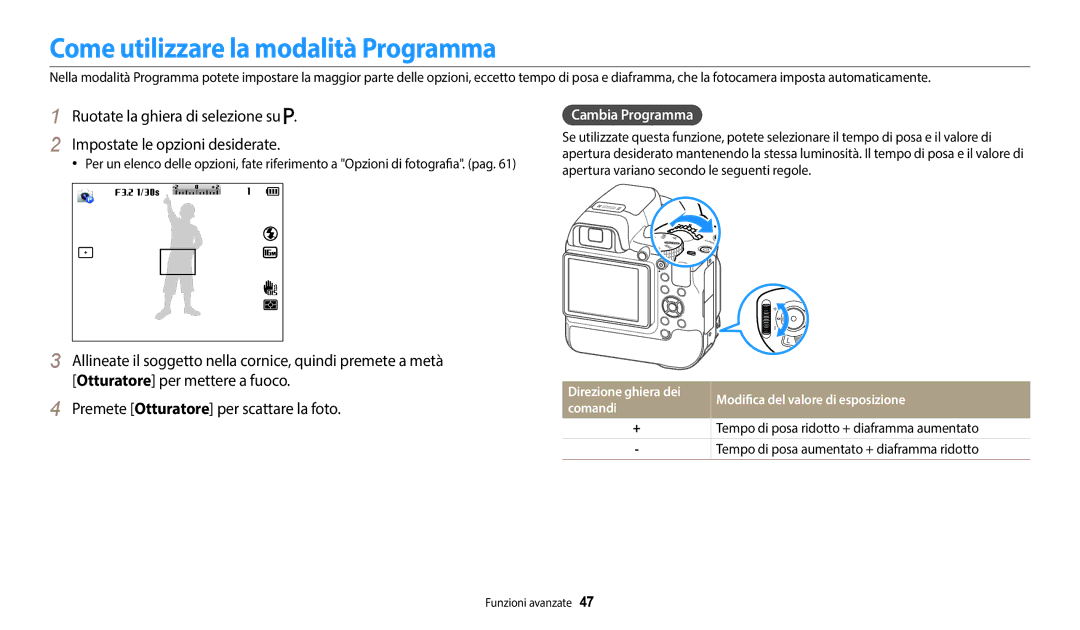 Samsung EC-WB2200BPBFR manual Come utilizzare la modalità Programma, Cambia Programma, Direzione ghiera dei, Comandi 