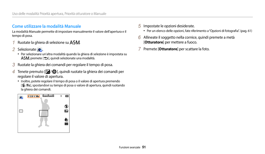 Samsung EC-WB2200BPBTR, EC-WB2200BPBFR, EC-WB2200BPBE1 manual Come utilizzare la modalità Manuale 