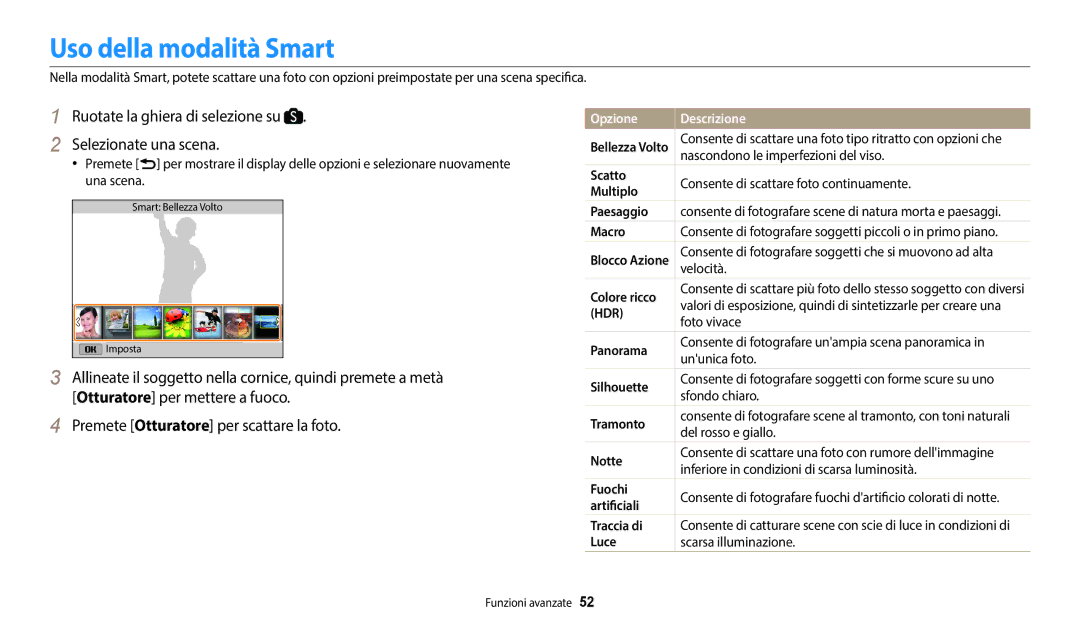 Samsung EC-WB2200BPBE1 manual Uso della modalità Smart, Selezionate una scena, Premete Otturatore per scattare la foto 