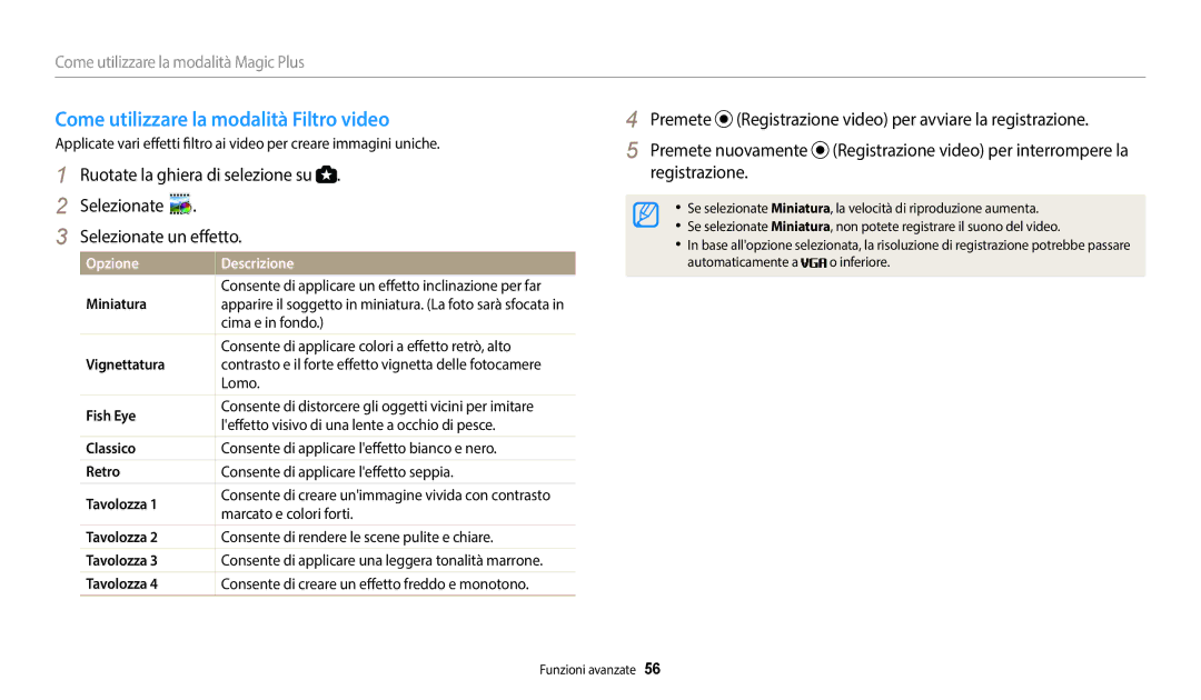 Samsung EC-WB2200BPBFR, EC-WB2200BPBTR, EC-WB2200BPBE1 manual Come utilizzare la modalità Filtro video 