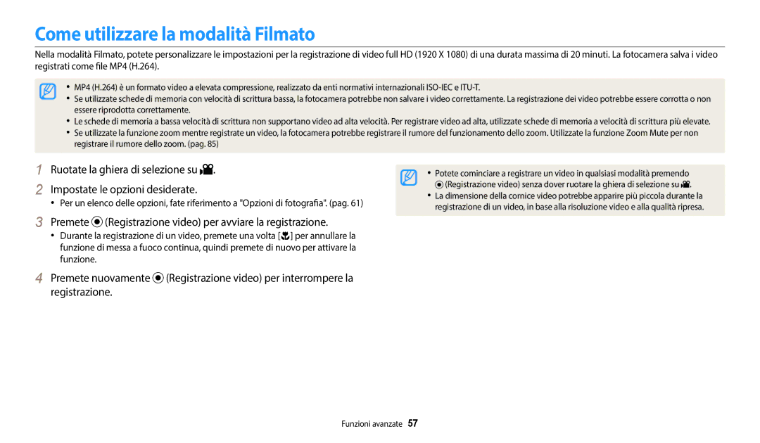 Samsung EC-WB2200BPBTR manual Come utilizzare la modalità Filmato, Premete Registrazione video per avviare la registrazione 