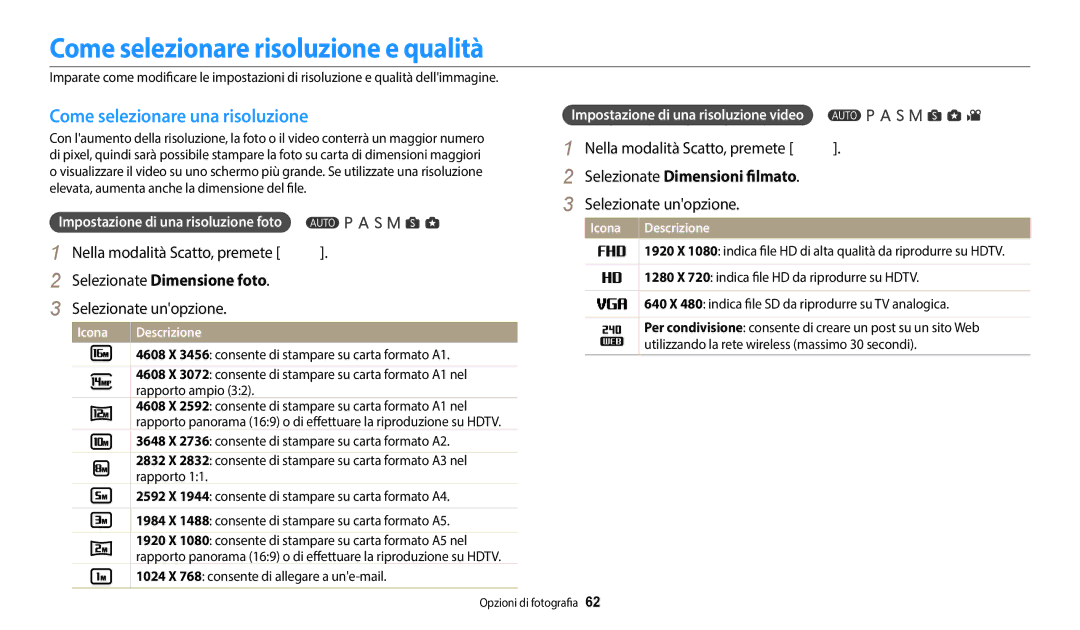 Samsung EC-WB2200BPBFR, EC-WB2200BPBTR manual Come selezionare risoluzione e qualità, Come selezionare una risoluzione 