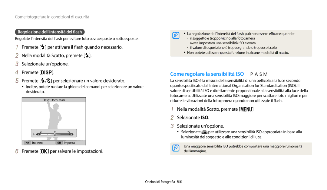 Samsung EC-WB2200BPBFR, EC-WB2200BPBTR manual Come regolare la sensibilità ISO, Regolazione dellintensità del flash 