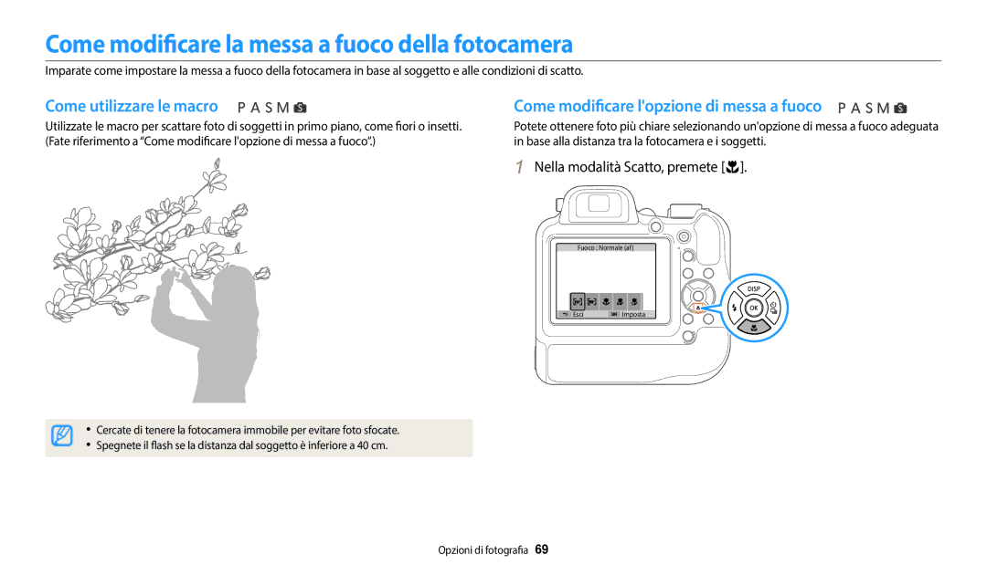 Samsung EC-WB2200BPBTR, EC-WB2200BPBFR manual Come modificare la messa a fuoco della fotocamera, Come utilizzare le macro 