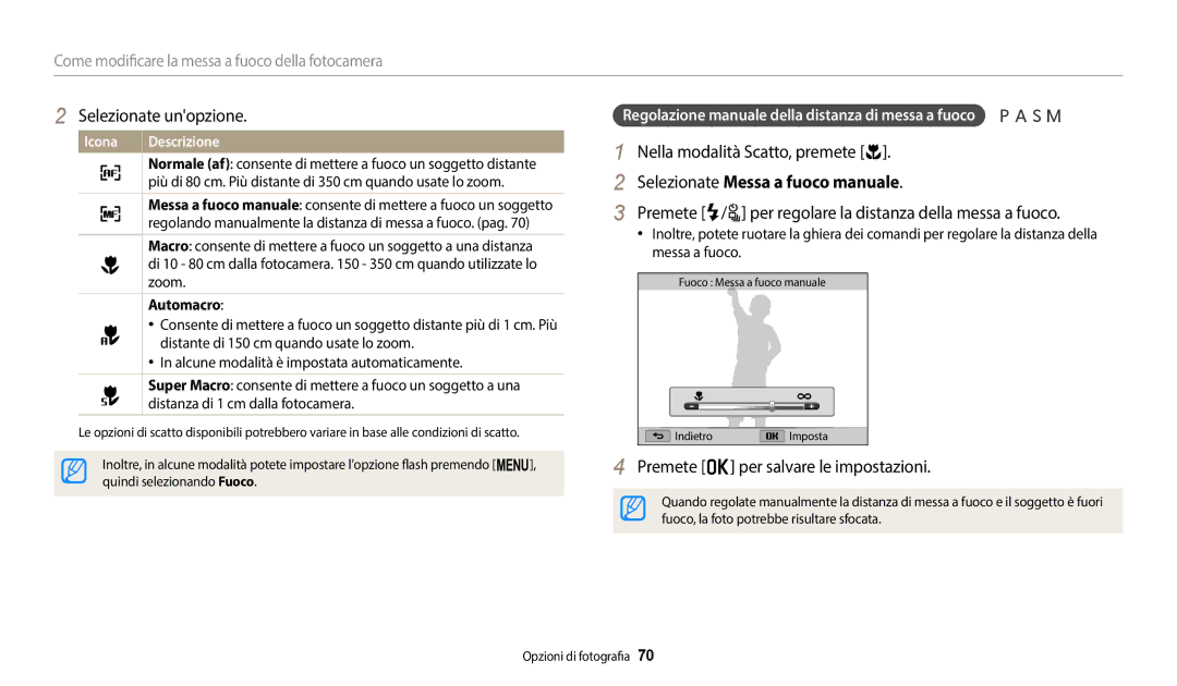 Samsung EC-WB2200BPBE1 Selezionate Messa a fuoco manuale, Premete F/t per regolare la distanza della messa a fuoco 