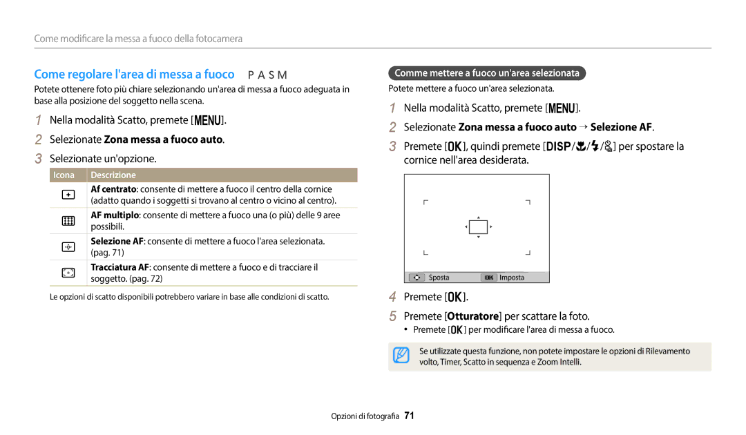 Samsung EC-WB2200BPBFR, EC-WB2200BPBTR manual Come regolare larea di messa a fuoco, Selezionate Zona messa a fuoco auto 