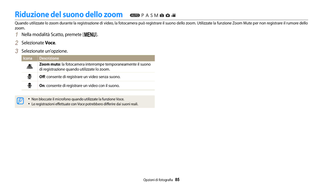 Samsung EC-WB2200BPBE1, EC-WB2200BPBFR, EC-WB2200BPBTR manual Riduzione del suono dello zoom 