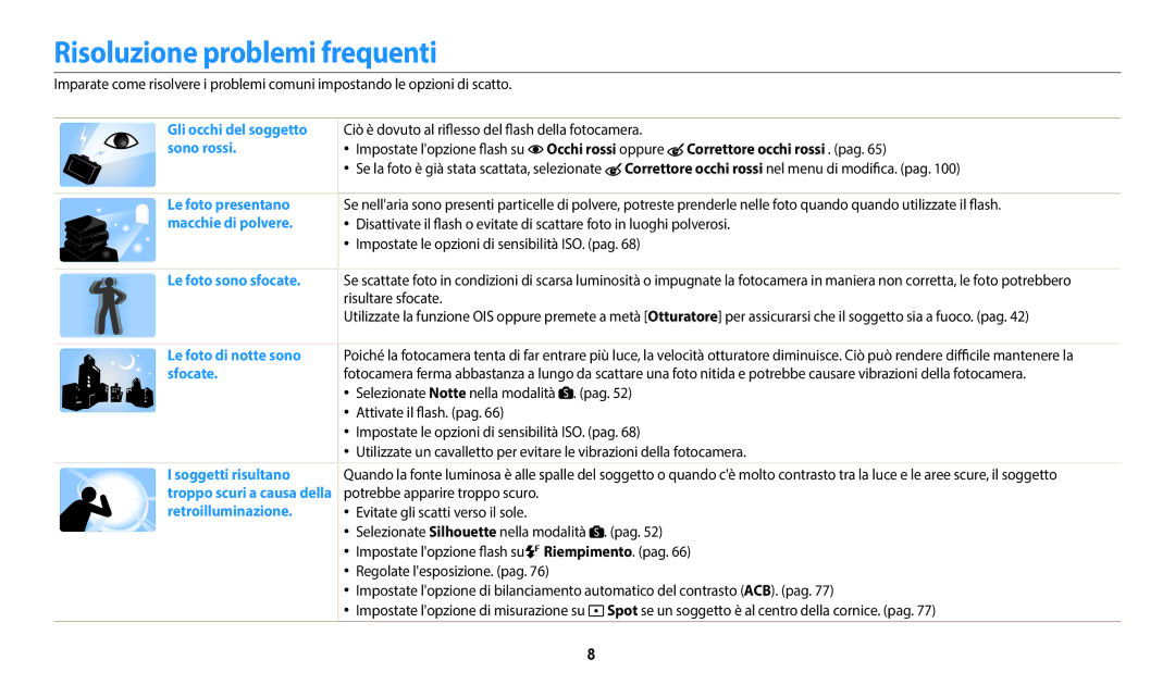 Samsung EC-WB2200BPBFR, EC-WB2200BPBTR, EC-WB2200BPBE1 manual Risoluzione problemi frequenti, Correttore occhi rossi . pag 