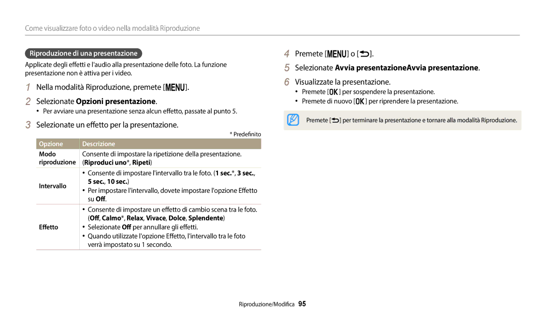 Samsung EC-WB2200BPBFR manual Selezionate Opzioni presentazione, Selezionate un effetto per la presentazione, Premete m o r 