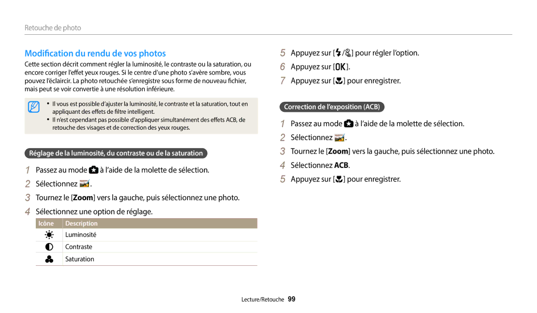 Samsung EC-WB2200BPBFR Modification du rendu de vos photos, Réglage de la luminosité, du contraste ou de la saturation 