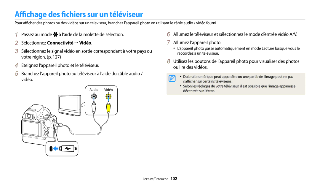 Samsung EC-WB2200BPBFR manual Affichage des fichiers sur un téléviseur, Sélectionnez Connectivité → Vidéo 