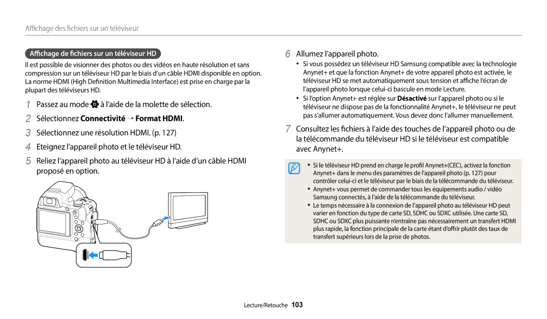 Samsung EC-WB2200BPBFR manual Sélectionnez Connectivité → Format Hdmi, Affichage de fichiers sur un téléviseur HD 