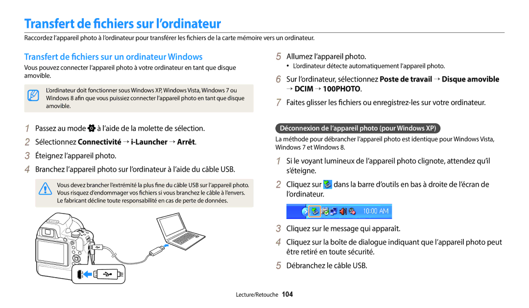 Samsung EC-WB2200BPBFR manual Transfert de fichiers sur l’ordinateur, Transfert de fichiers sur un ordinateur Windows 