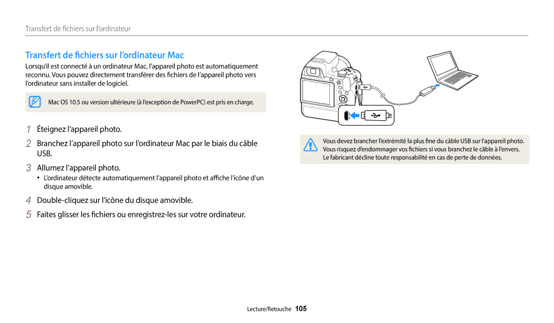 Samsung EC-WB2200BPBFR manual Transfert de fichiers sur l’ordinateur Mac 