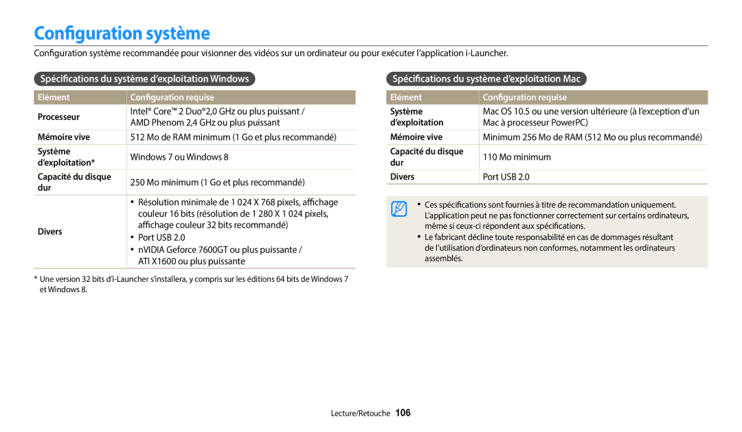 Samsung EC-WB2200BPBFR manual Configuration système, Spécifications du système d’exploitation Windows 