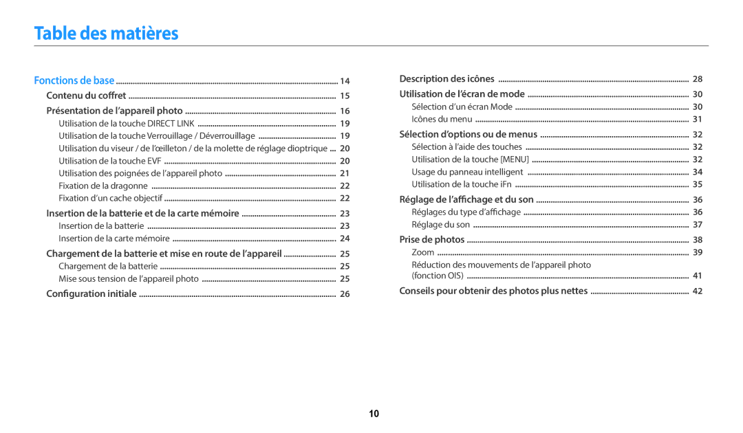 Samsung EC-WB2200BPBFR manual Table des matières, Utilisation des poignées de l’appareil photo 