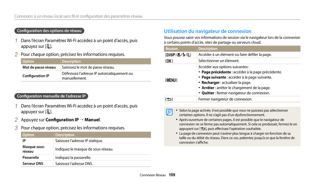 Samsung EC-WB2200BPBFR manual Utilisation du navigateur de connexion, Appuyez sur t, Appuyez sur Configuration IP → Manuel 