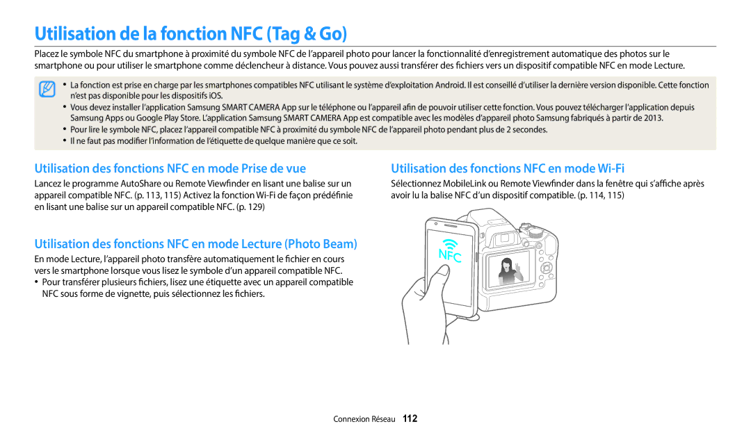 Samsung EC-WB2200BPBFR manual Utilisation de la fonction NFC Tag & Go, Utilisation des fonctions NFC en mode Prise de vue 