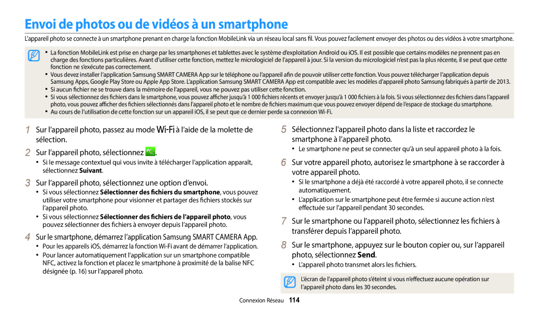 Samsung EC-WB2200BPBFR Envoi de photos ou de vidéos à un smartphone, Sur l’appareil photo, sélectionnez une option d’envoi 