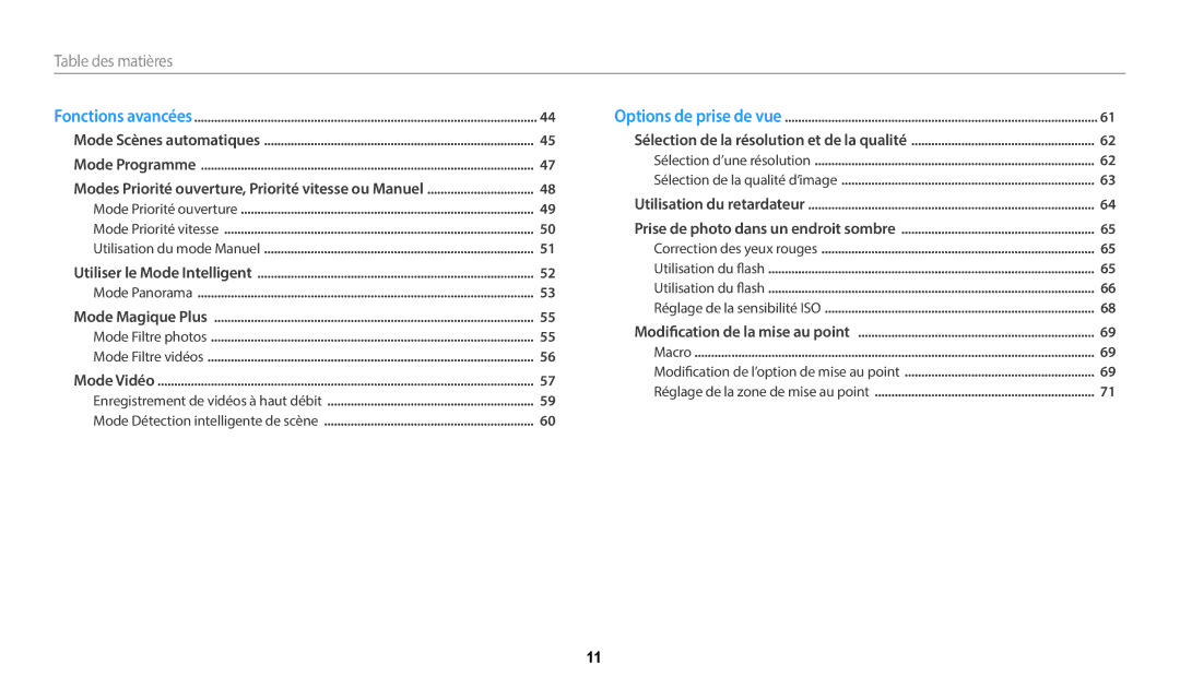 Samsung EC-WB2200BPBFR manual Table﻿ des matières 