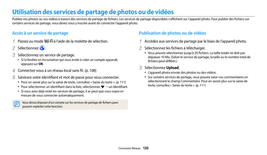 Samsung EC-WB2200BPBFR manual Utilisation des services de partage de photos ou de vidéos, Accès à un service de partage 