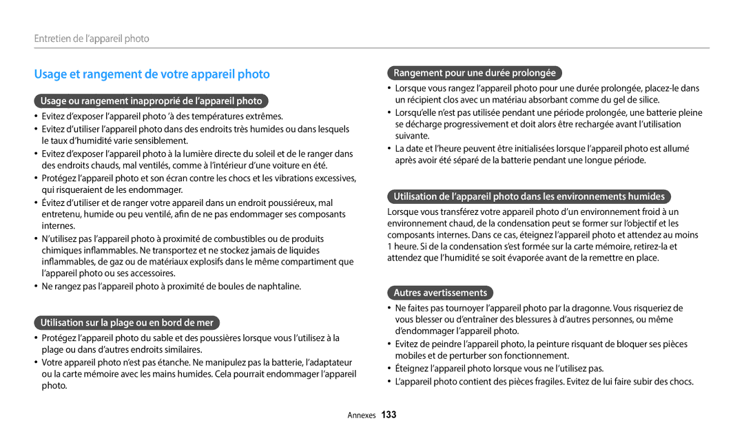 Samsung EC-WB2200BPBFR Usage et rangement de votre appareil photo, Usage ou rangement inapproprié de l’appareil photo 