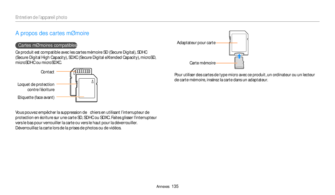 Samsung EC-WB2200BPBFR manual Propos des cartes mémoire, Cartes mémoires compatibles, Etiquette face avant 