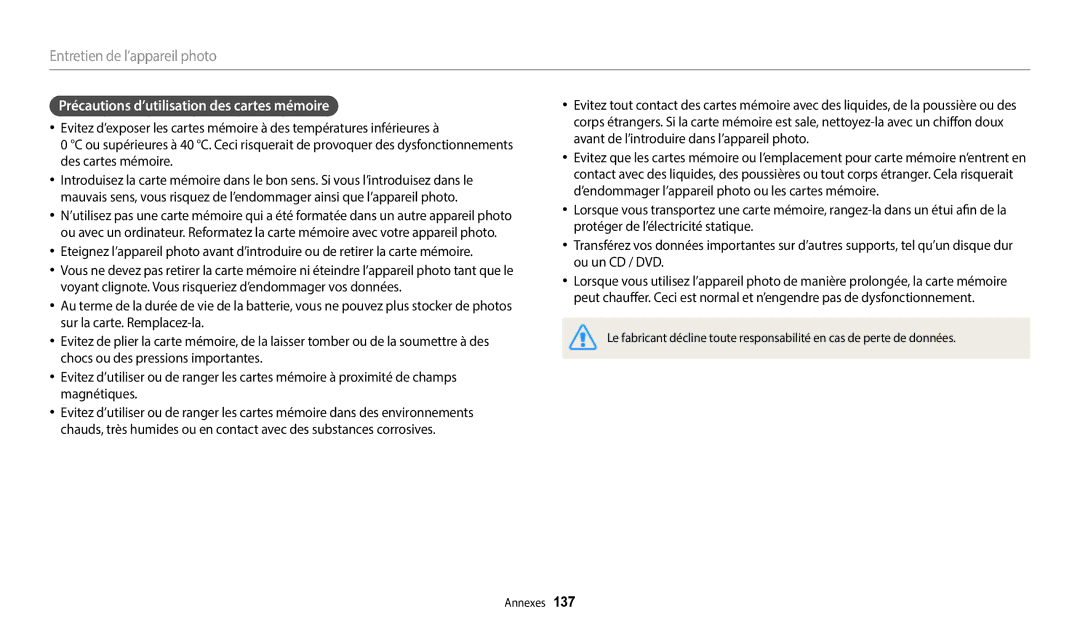 Samsung EC-WB2200BPBFR manual Précautions d’utilisation des cartes mémoire 