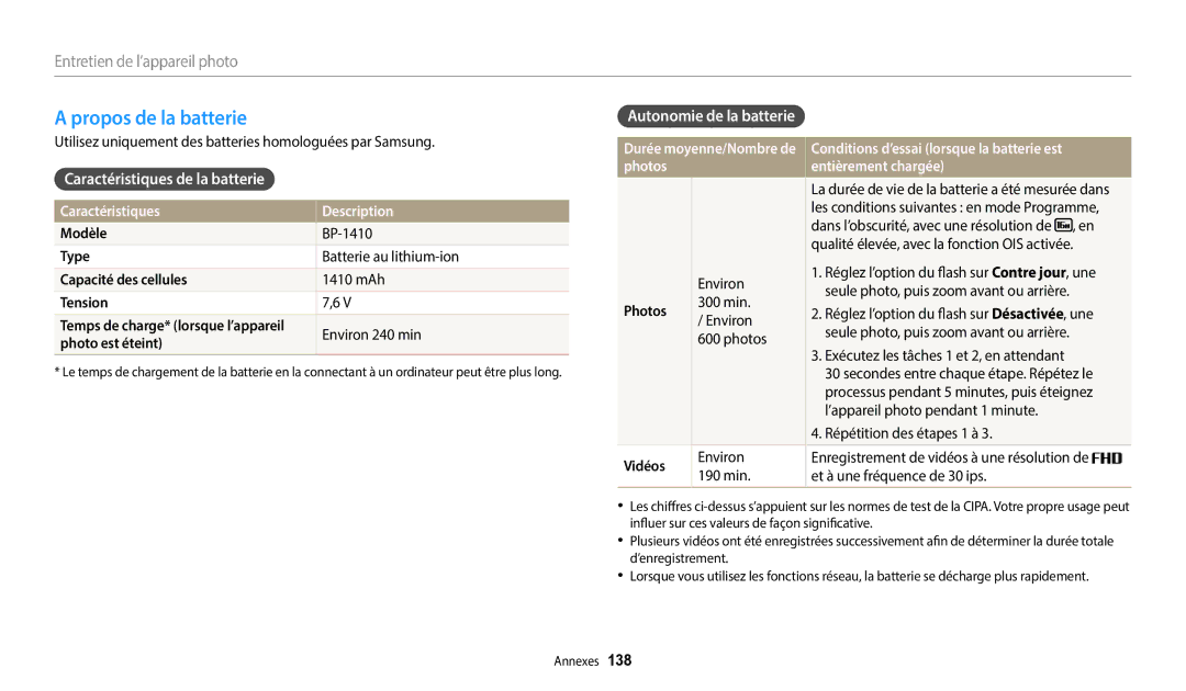 Samsung EC-WB2200BPBFR manual Propos de la batterie, Caractéristiques de la batterie, Autonomie de la batterie 