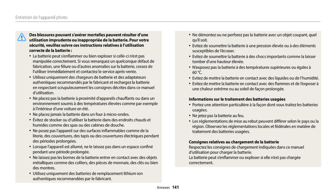 Samsung EC-WB2200BPBFR manual Informations sur le traitement des batteries usagées 