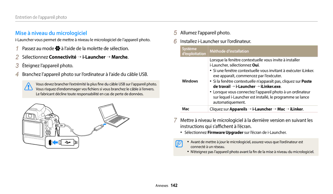 Samsung EC-WB2200BPBFR manual Mise à niveau du micrologiciel, Sélectionnez Connectivité → i-Launcher → Marche 