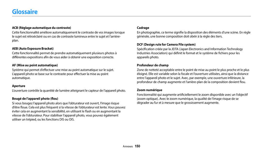 Samsung EC-WB2200BPBFR manual Glossaire 