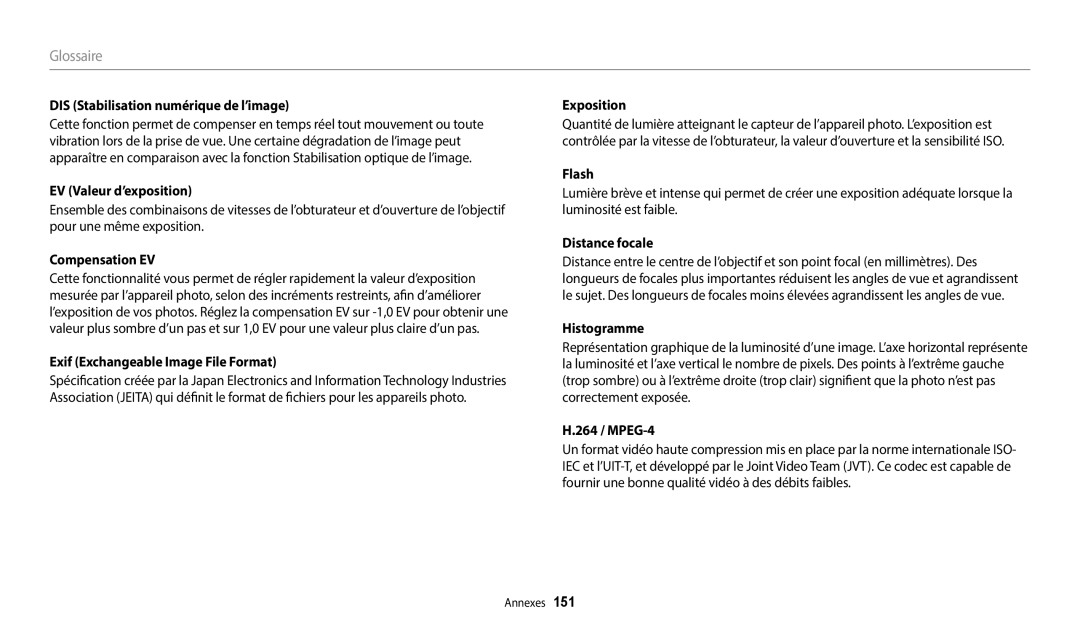 Samsung EC-WB2200BPBFR DIS Stabilisation numérique de l’image, EV Valeur d’exposition, Compensation EV, Distance focale 