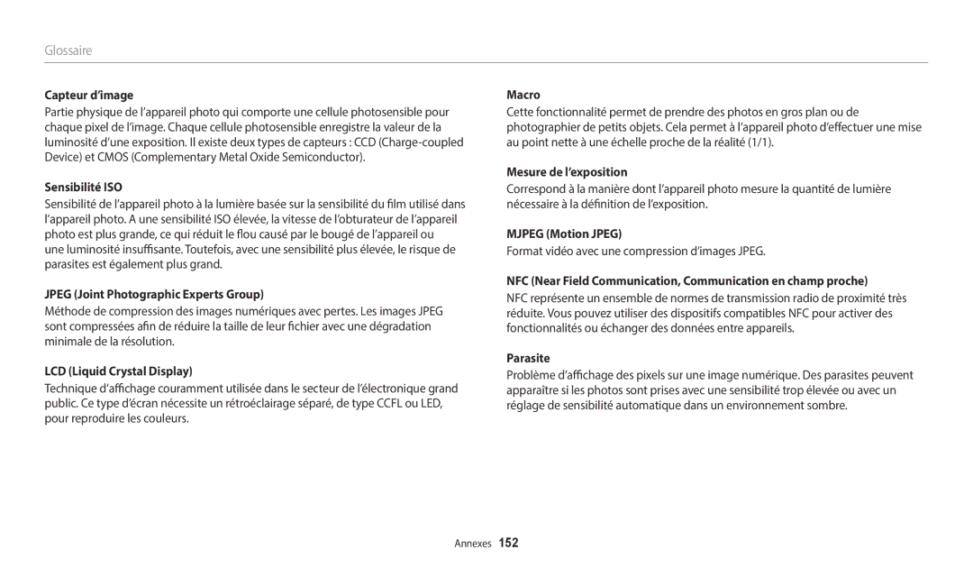 Samsung EC-WB2200BPBFR manual Sensibilité ISO, Jpeg Joint Photographic Experts Group, LCD Liquid Crystal Display, Parasite 