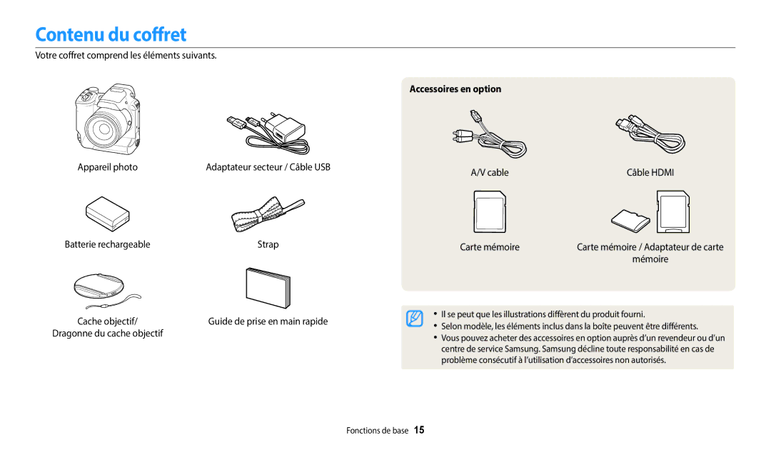 Samsung EC-WB2200BPBFR manual Contenu du coffret, Accessoires en option 