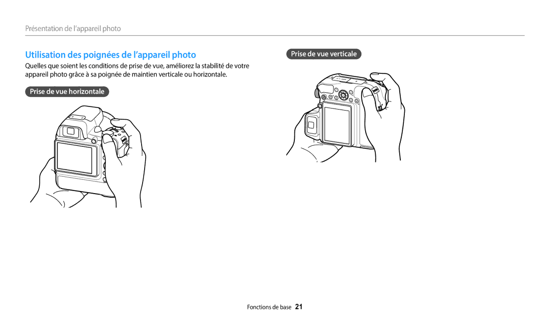 Samsung EC-WB2200BPBFR manual Utilisation des poignées de l’appareil photo, Prise de vue horizontale 